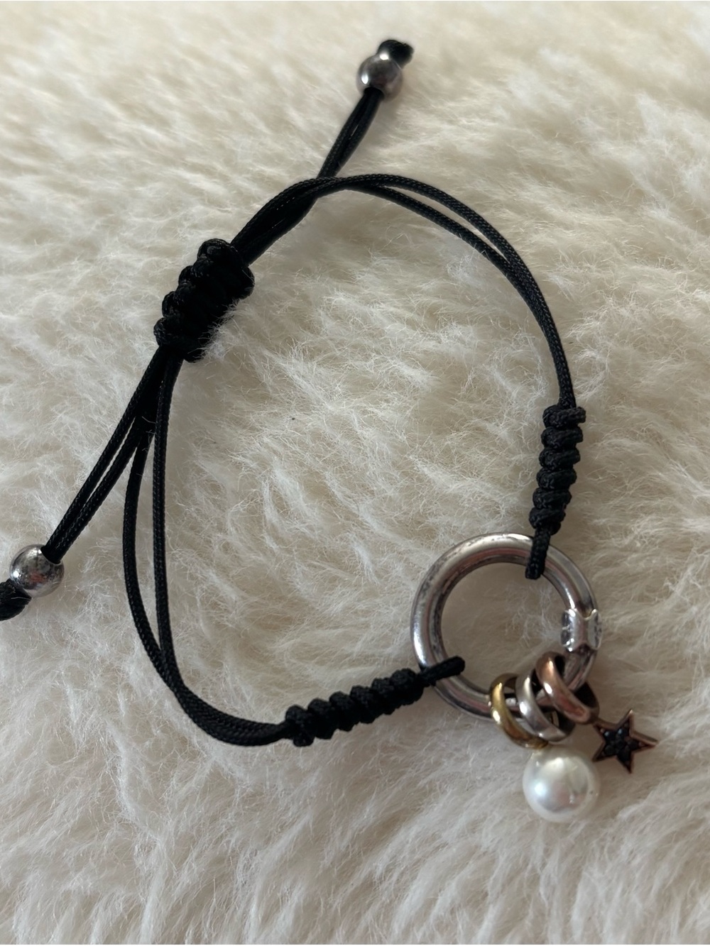 Adjustable Black Cord Bracelet Tous with Ring Charm, Pearl & Star